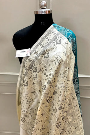 Teal and Beige Plain Resham Silk Banarasi Saree