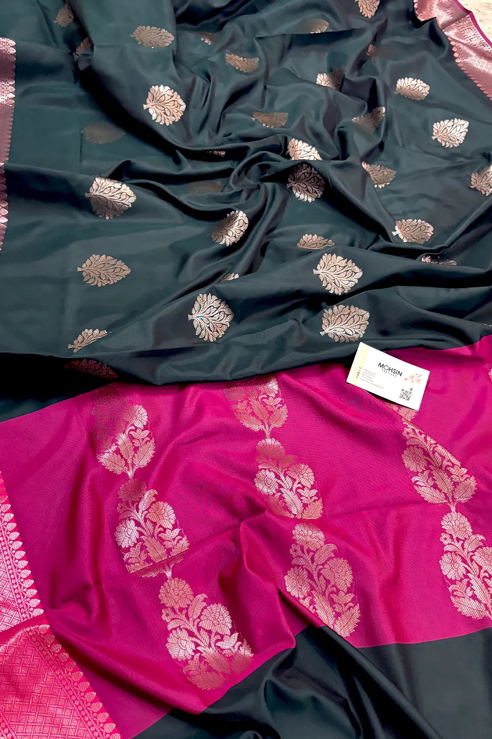 Bottle Green and Pink Golden Zari Banarasi Silk Saree