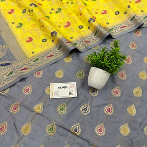 Grey and Yellow Golden Zari Katan Silk Banarasi Suit