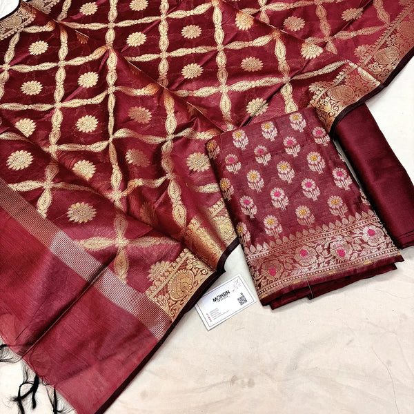 Maroon Golden Zari Satin Silk Banarasi Suit