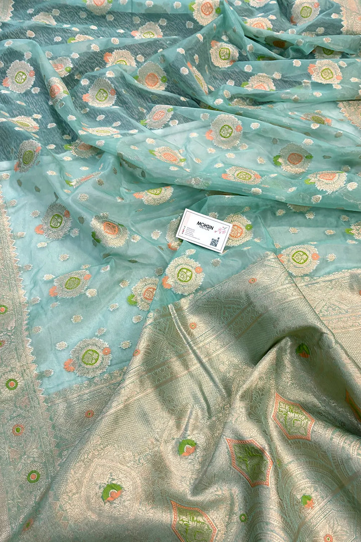 Mint Green Golden Zari Organza Silk Banarasi Saree