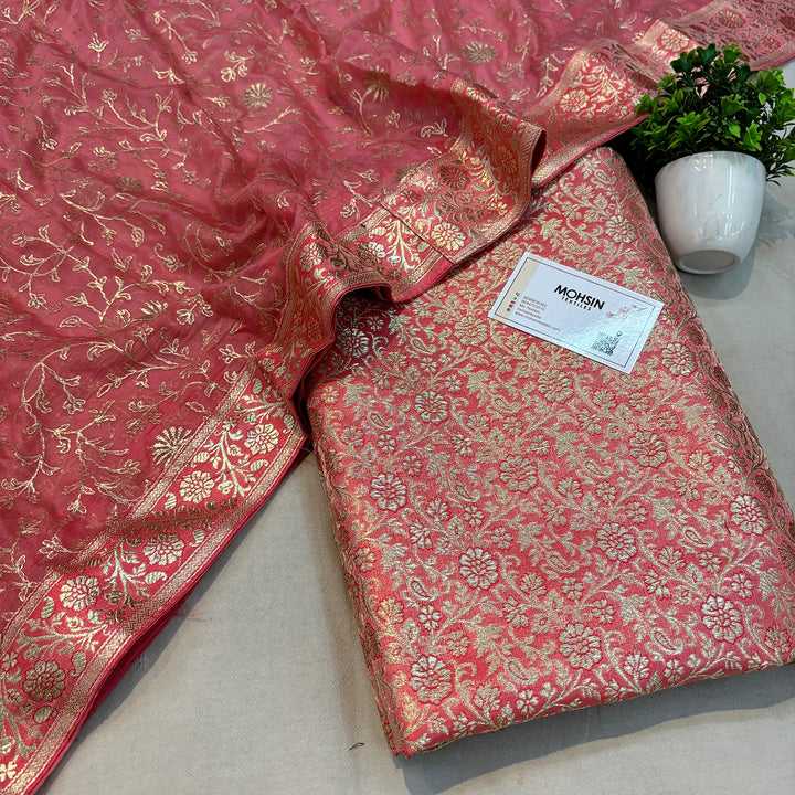 Peach Golden Zari Kimkhab Silk Banarasi Gharara