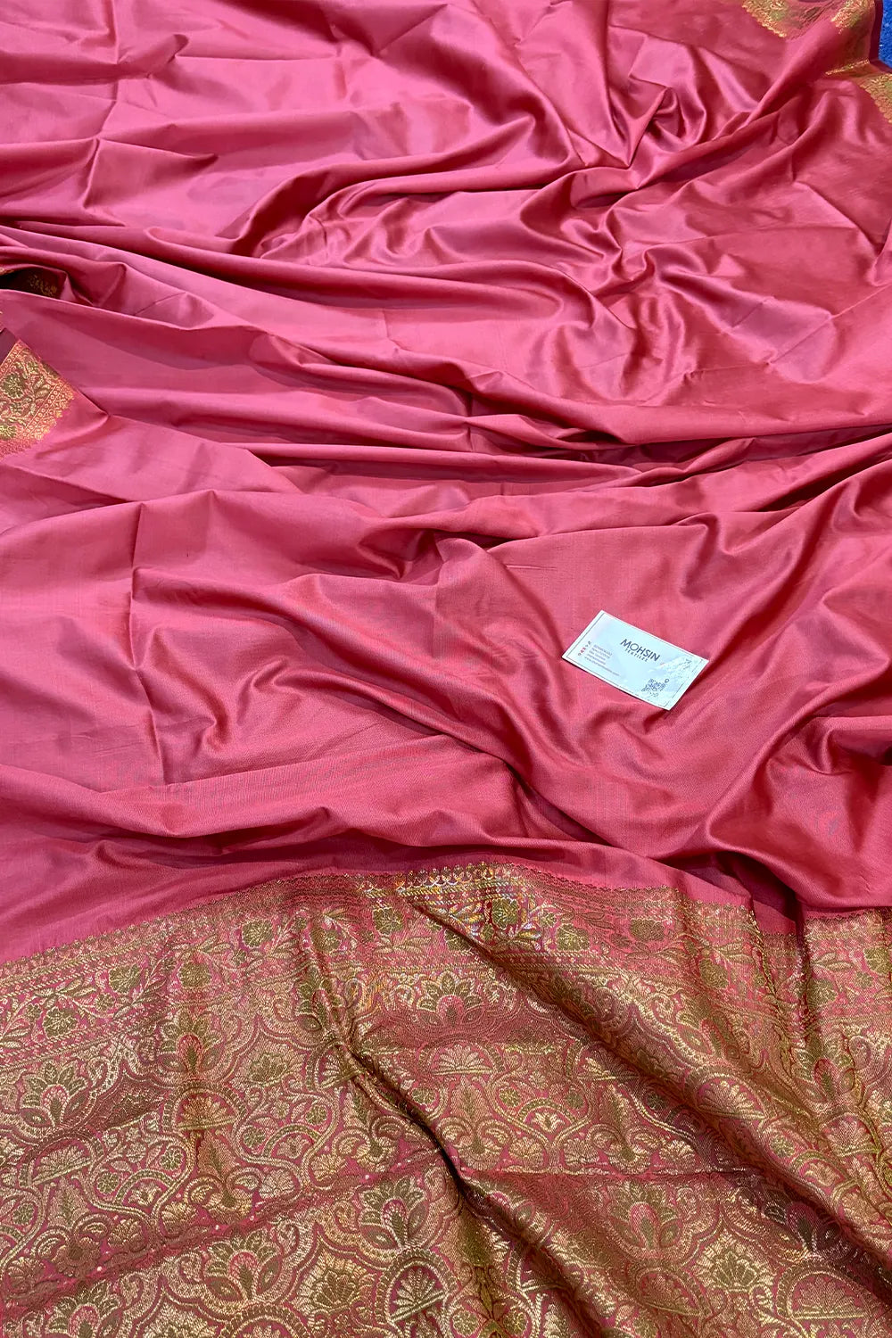 Peach Plain Golden Zari Silky Banarasi Saree