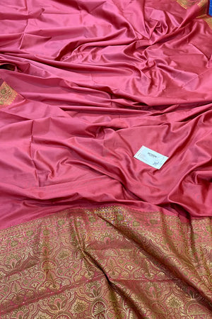 Peach Plain Golden Zari Silky Banarasi Saree