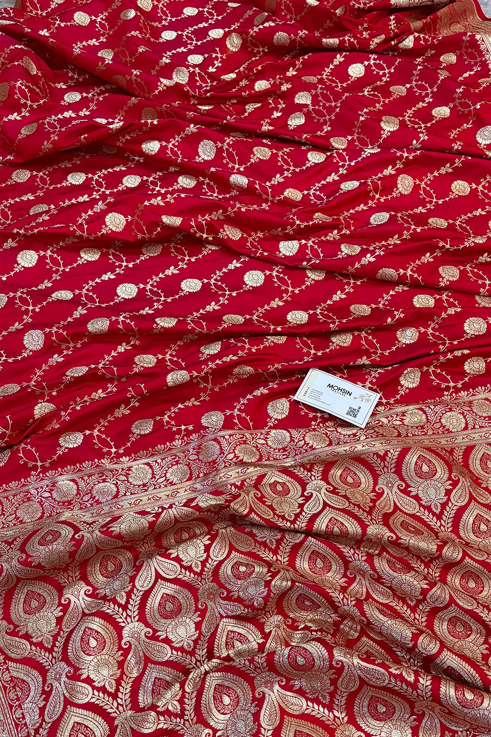 Pinkish Red Ropeway Jaal Katan Silk Banarasi Saree