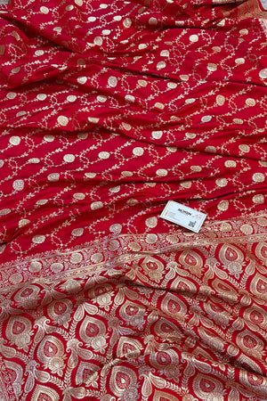 Pinkish Red Ropeway Jaal Katan Silk Banarasi Saree