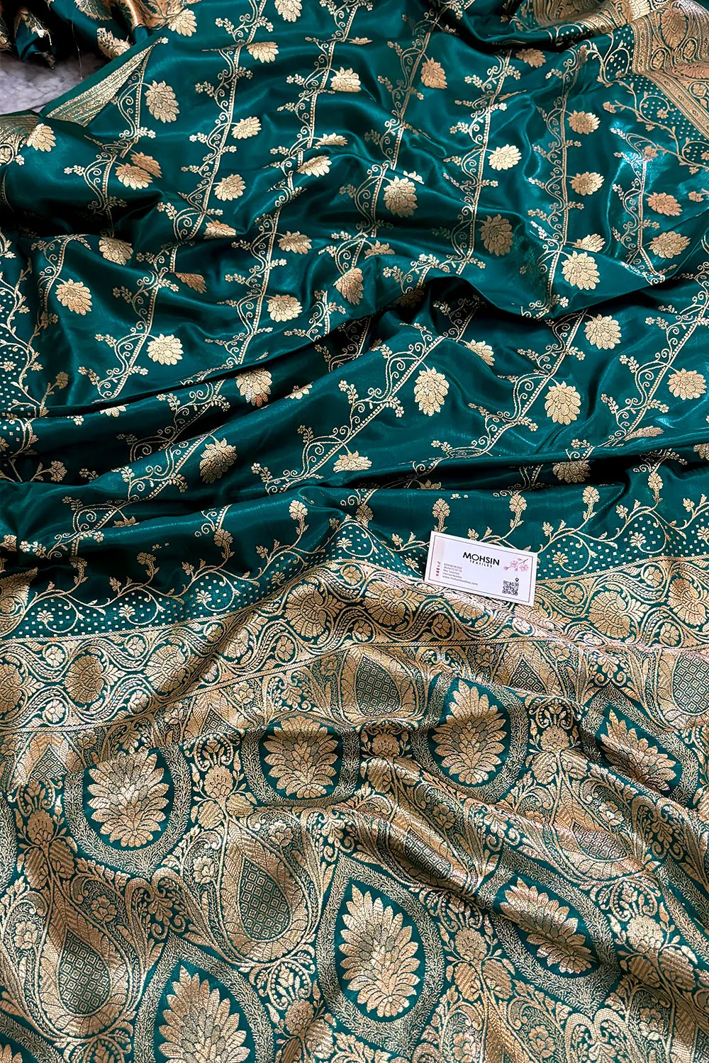 Teal Green Bhawar Jaal Satin Silk Banarasi Saree