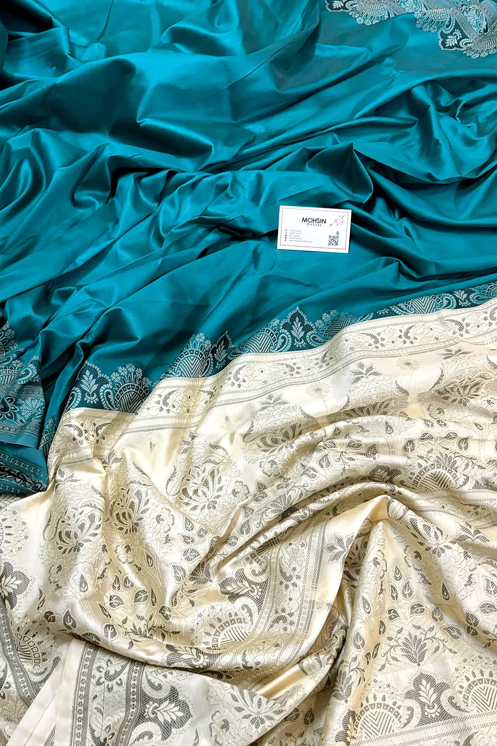 Teal and Beige Plain Resham Silk Banarasi Saree