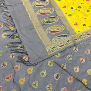 Grey and Yellow Golden Zari Katan Silk Banarasi Suit