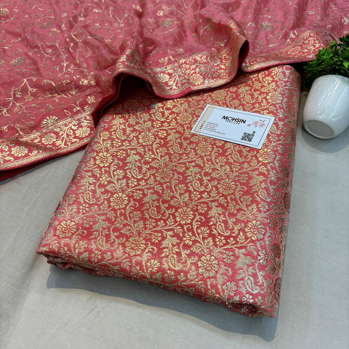 Peach Golden Zari Kimkhab Silk Banarasi Gharara