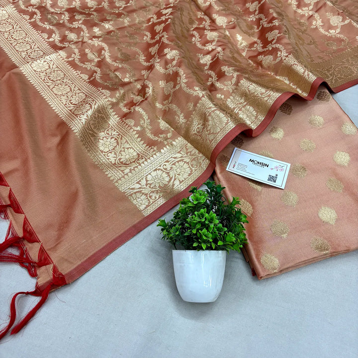 Peach Kiyari Buti Satin Silk Banarasi Suit