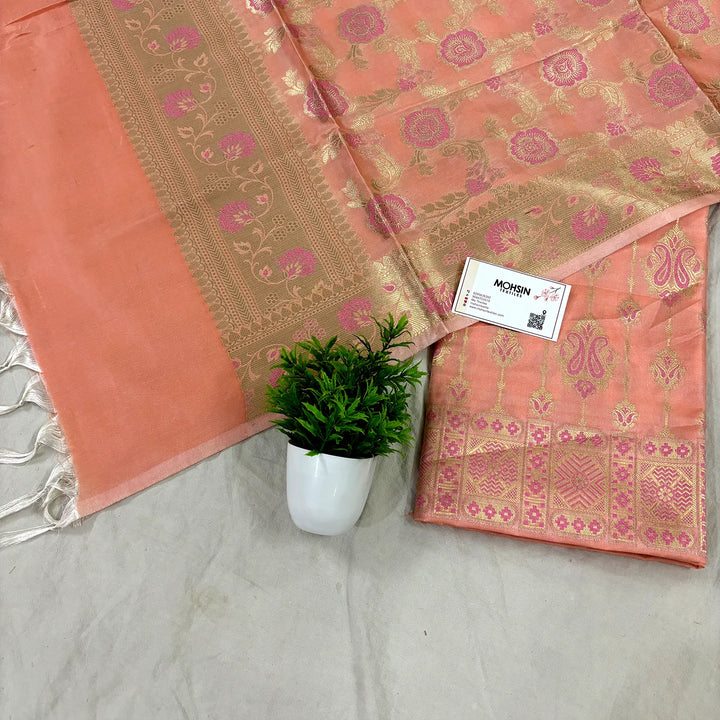 Peach Pink Meena Katan Silk Banarasi Suit