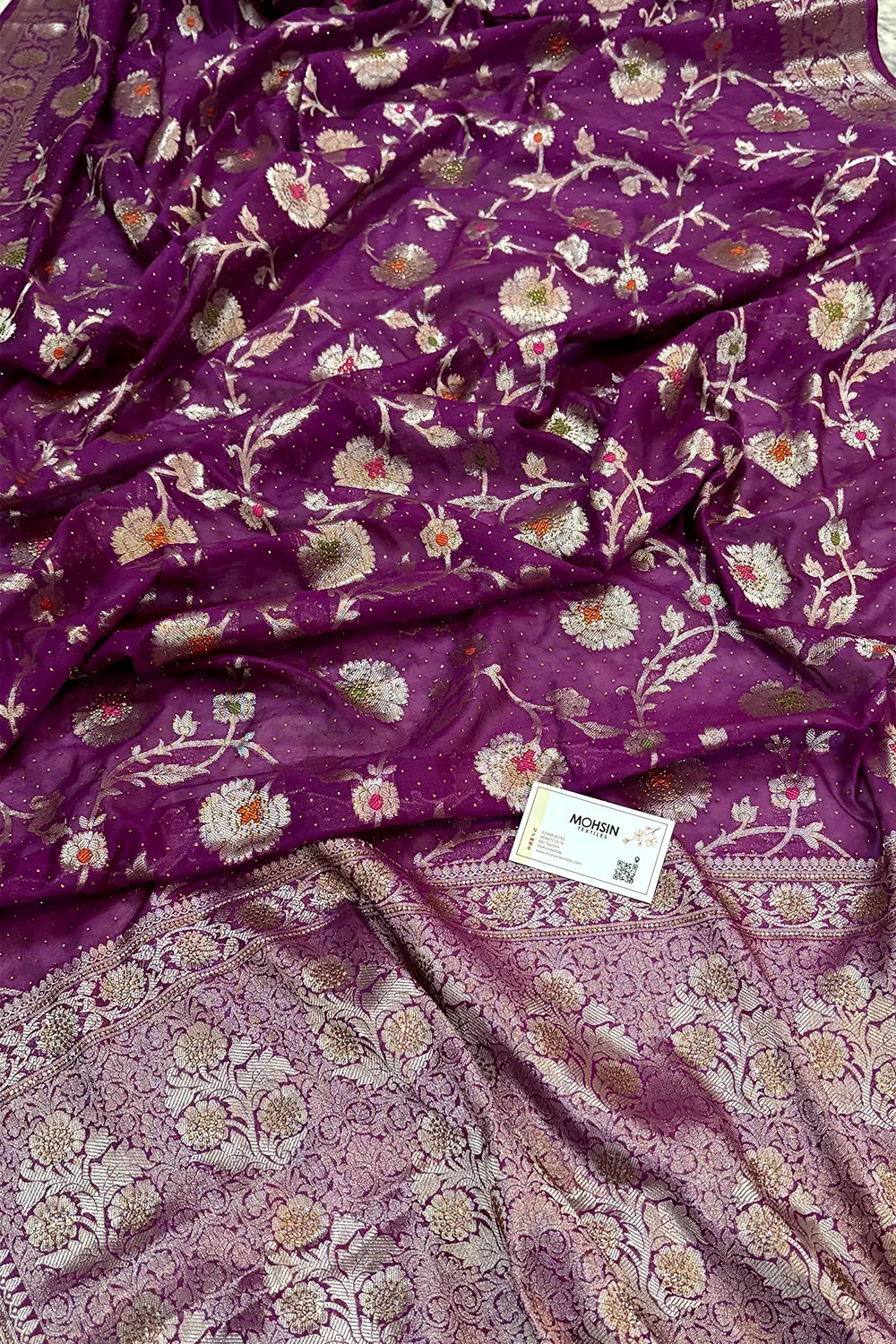 Purple Golden Zari Siroski Stone Georgette Silk Banarasi Saree