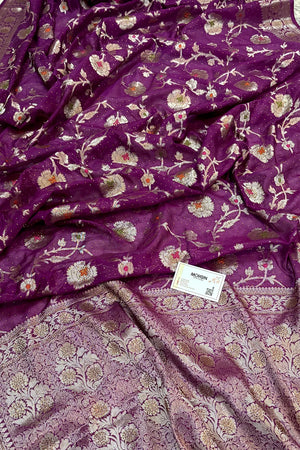 Purple Golden Zari Siroski Stone Georgette Silk Banarasi Saree
