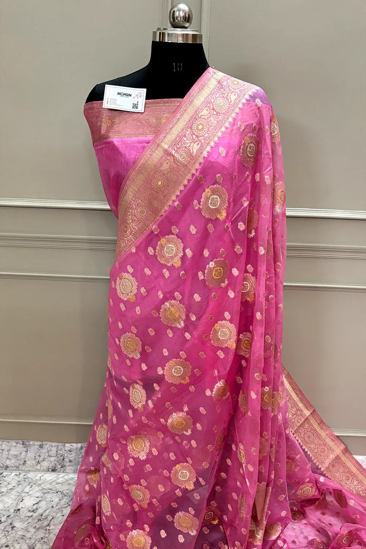 Baby Pink Golden Zari Organza Silk Banarasi Saree