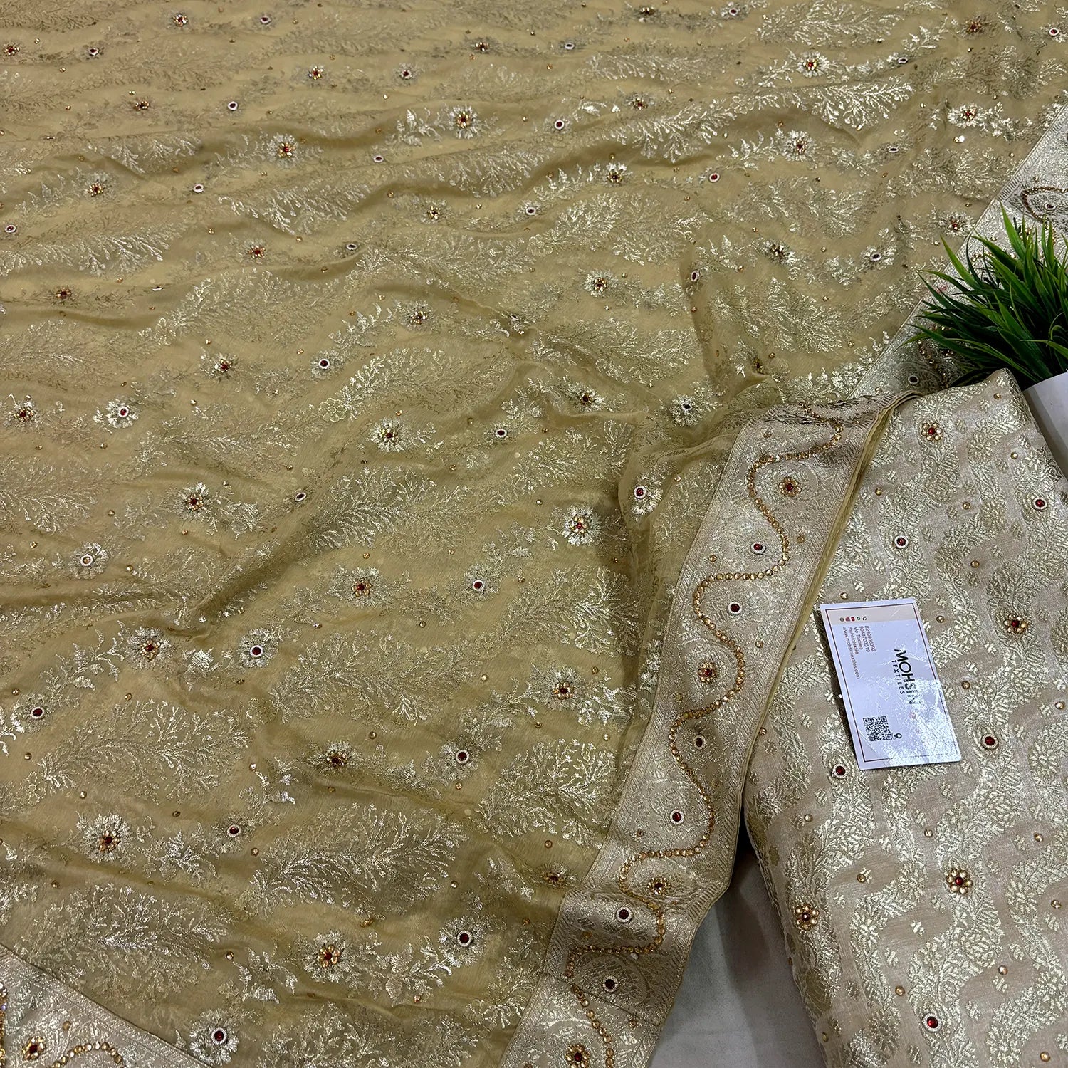 Beige Jharna Laher Stone Work Kimkhab Silk Banarasi Gharara