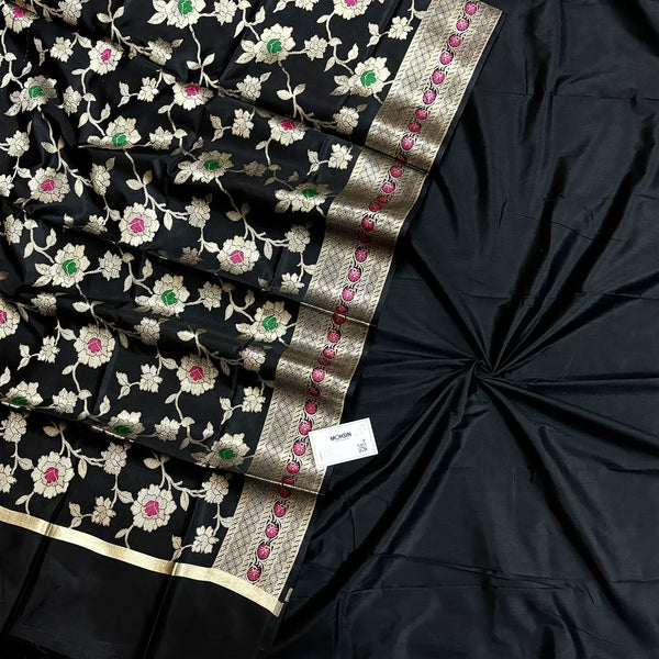 Black Plain Banarasi Silk Suit With Satin Meena Dupatta