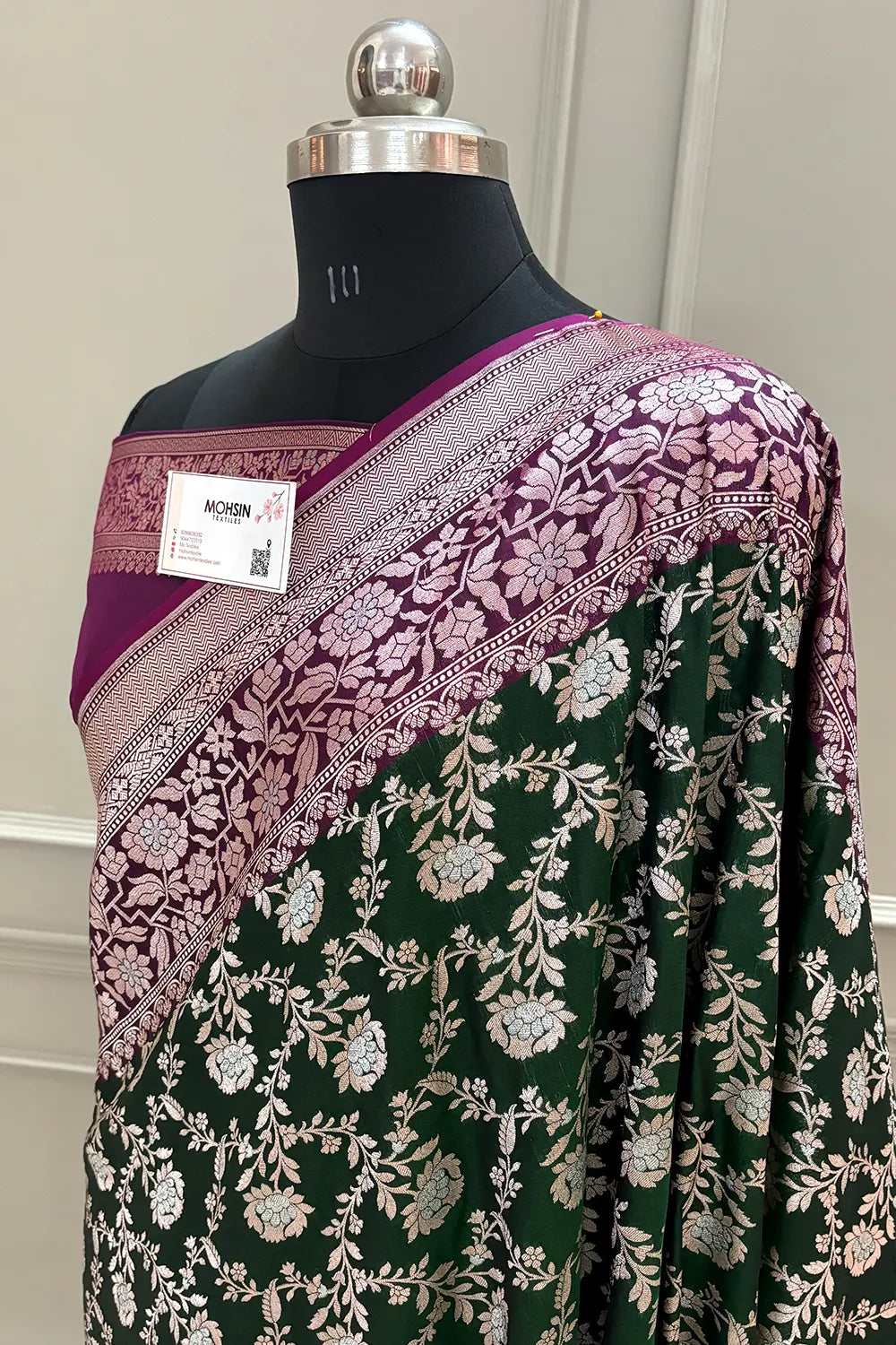 Bottle Green and Purple Maharani Jaal Crepe Silk Banarasi Saree