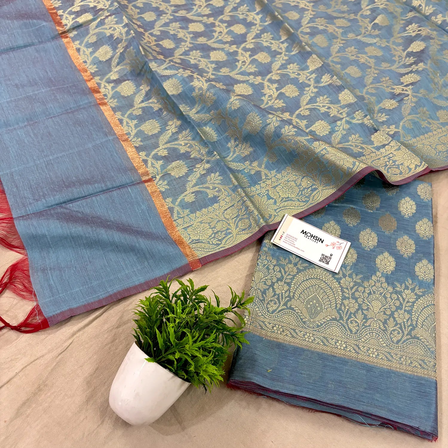 Dusty Blue Golden Zari Banarasi Silk Suit