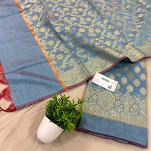 Dusty Blue Golden Zari Banarasi Silk Suit