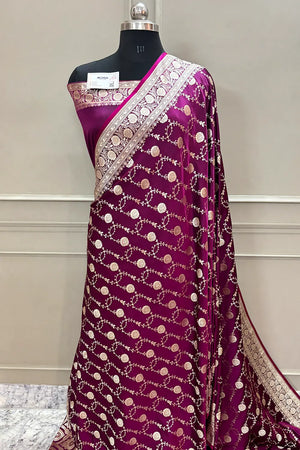Magenta Ropeway Jaal Katan Silk Banarasi Saree