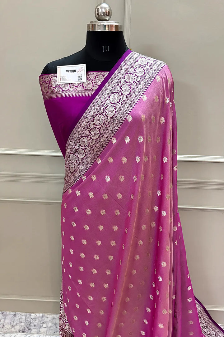 Magenta and Pink Ghonga Buti Katan Silk Banarasi Saree