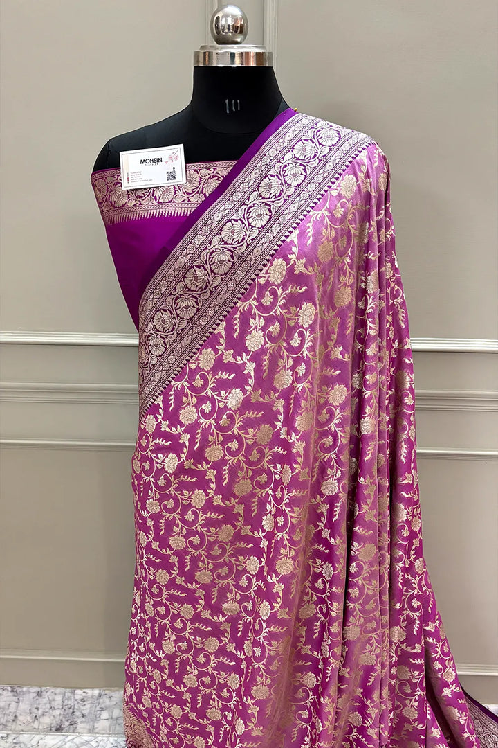 Magenta and Pink Gulabi Jaal Katan Silk Banarasi Saree