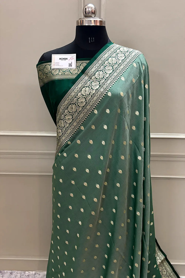 Mint and Bottle Green Rudraksha Buti Katan Silk Banarasi Saree