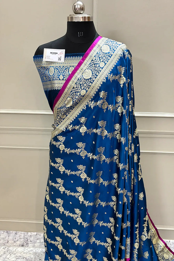 Peacock Blue Papakipari Katan Silk Banarasi Saree