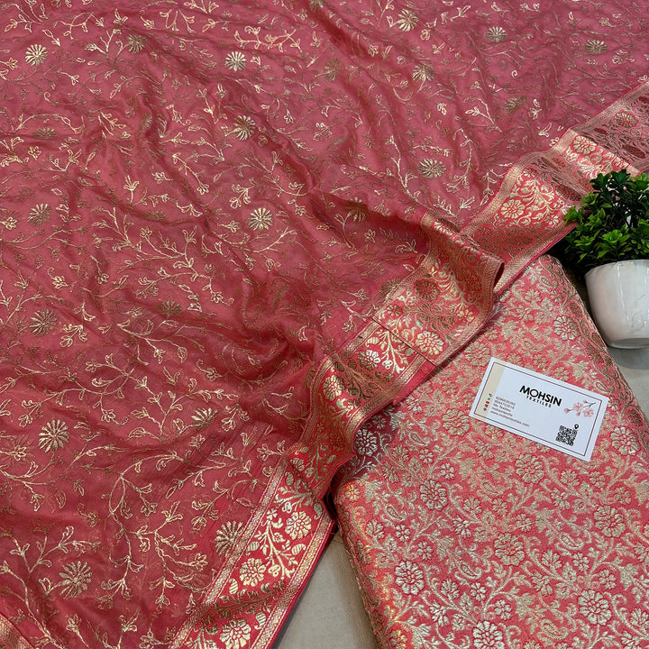 Peach Golden Zari Kimkhab Silk Banarasi Gharara