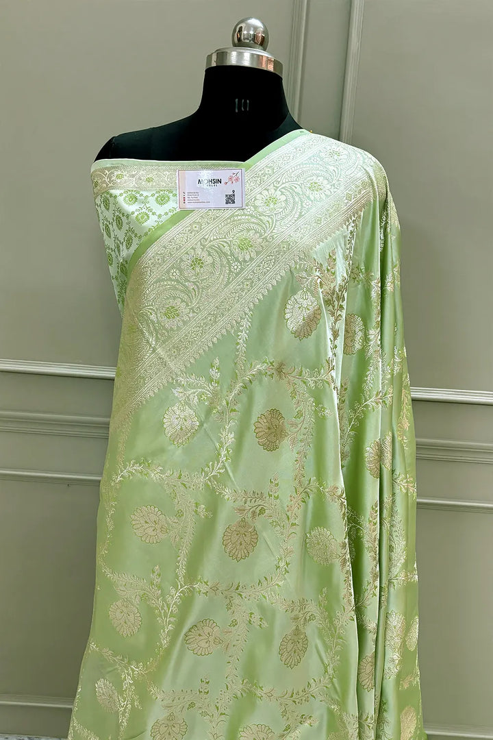 Pista Masuri Jaal Katan Silk Banarasi Saree