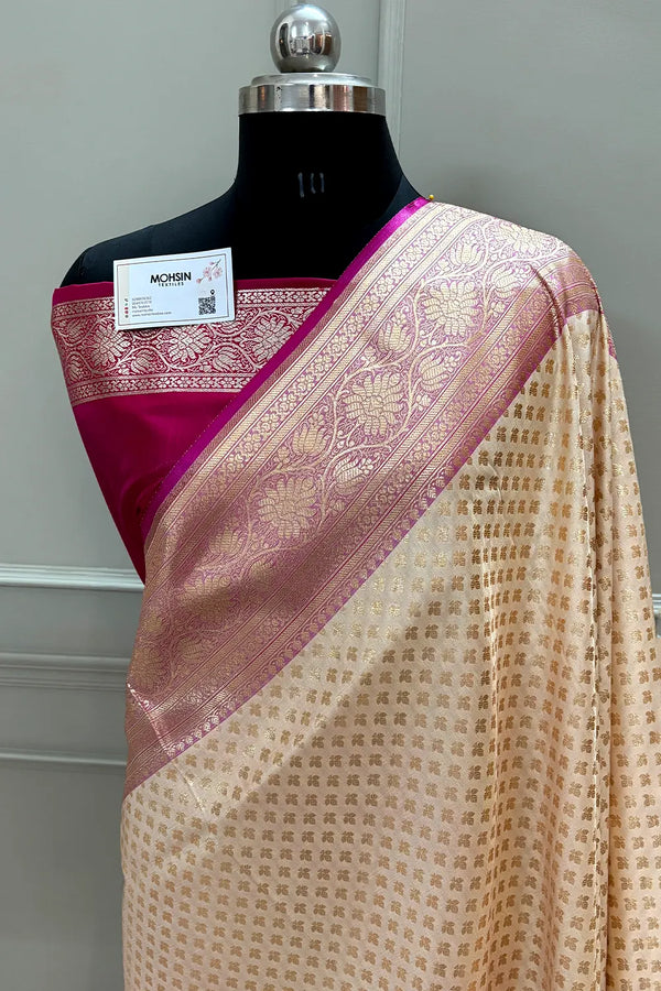 White and Pink Chidi Buti Katan Silk Banarasi Saree