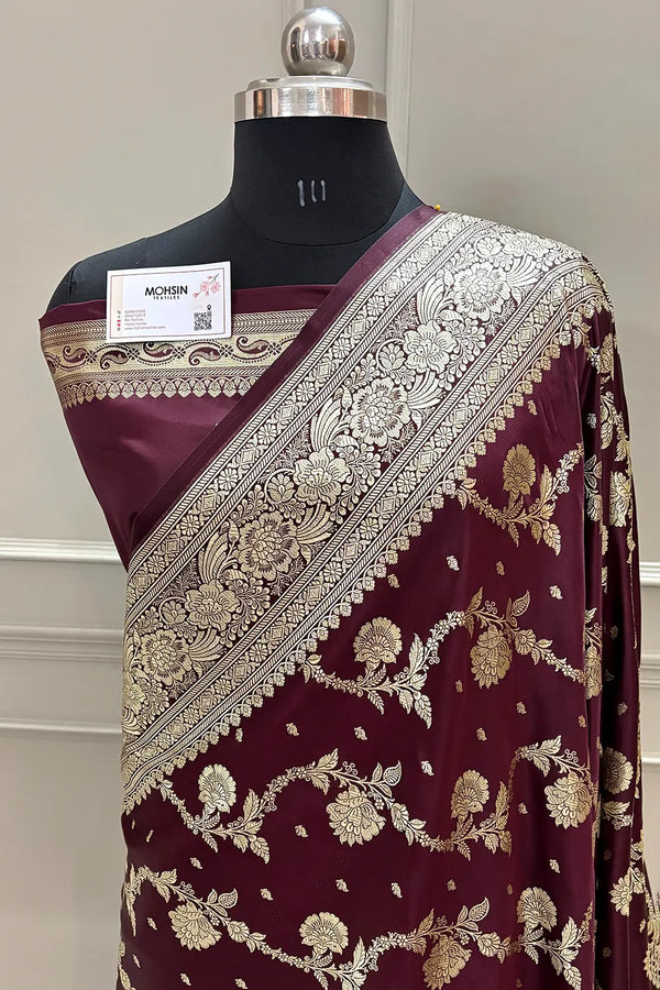 Wine Tirchi Daal Katan Silk Banarasi Saree