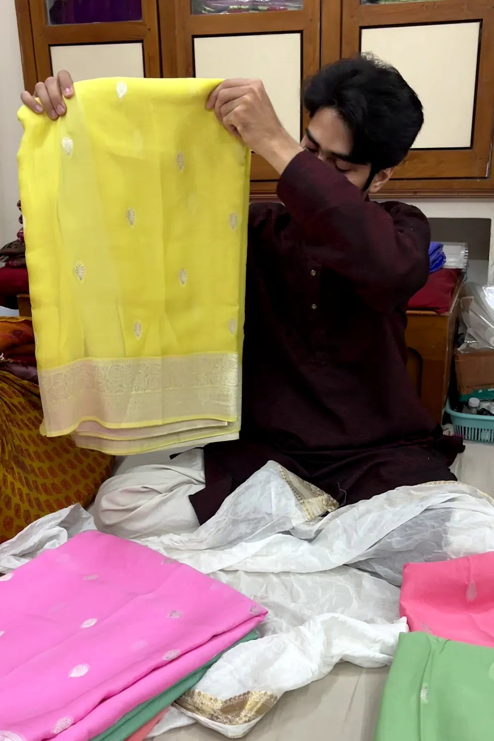 Yellow Rupa Buti Pure Viscose Georgette Silk Banarasi Saree