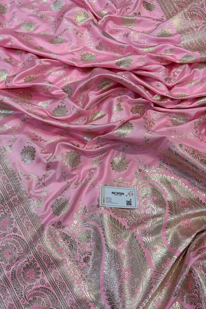 Baby Pink Golden Zari Katan Silk Banarasi Saree