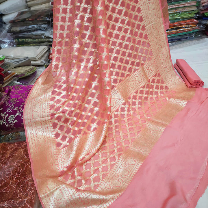 Baby Pink Handloom Khaddi Georgette Silk Banarasi Suit