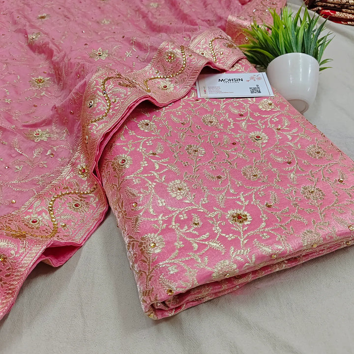 Baby Pink Stone Work Kimkhab Silk Banarasi Gharara