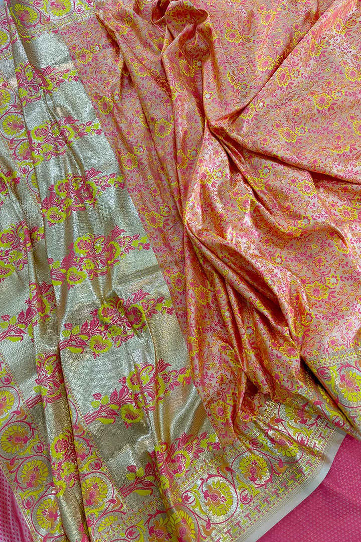 Baby Pink and Peach Jungle Fool Katan Silk Banarasi Saree