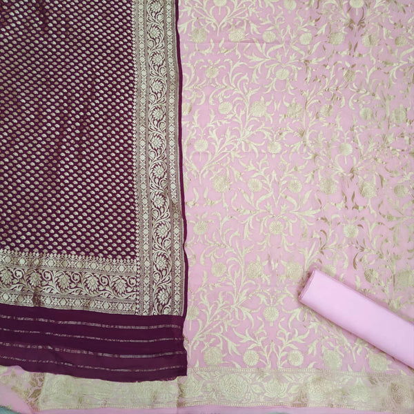 Baby Pink and Purple Handloom Georgette Silk Banarasi Suit