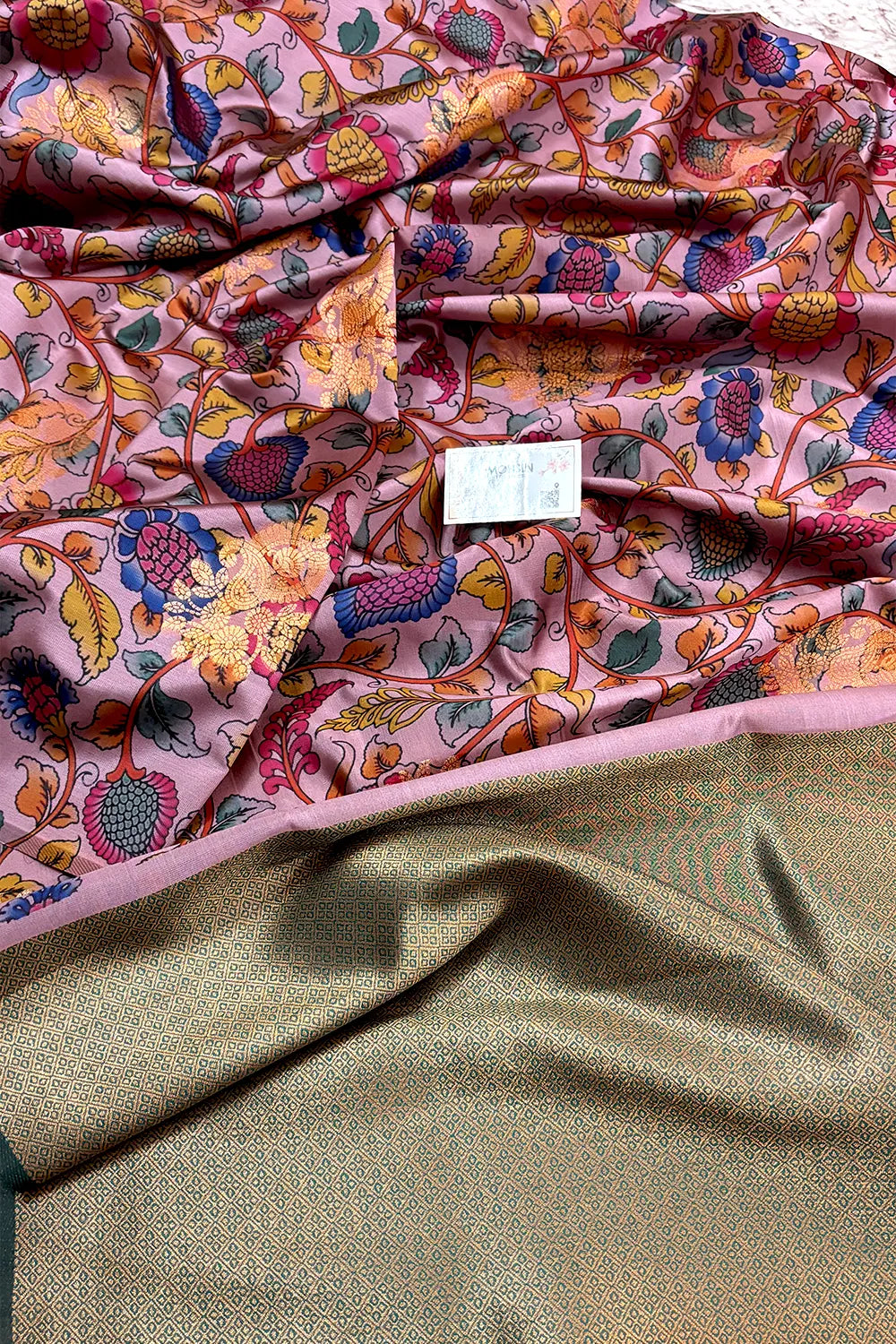 Baby Pink and Teal Printed Silk Saree