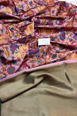 Baby Pink and Teal Printed Silk Saree