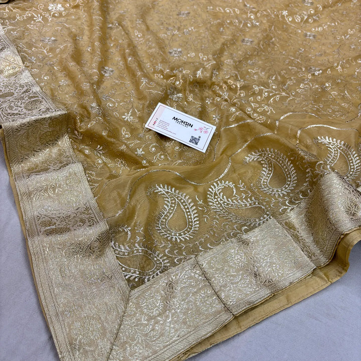 Beige Golden Zari Kimkhab Silk Banarasi Gharara