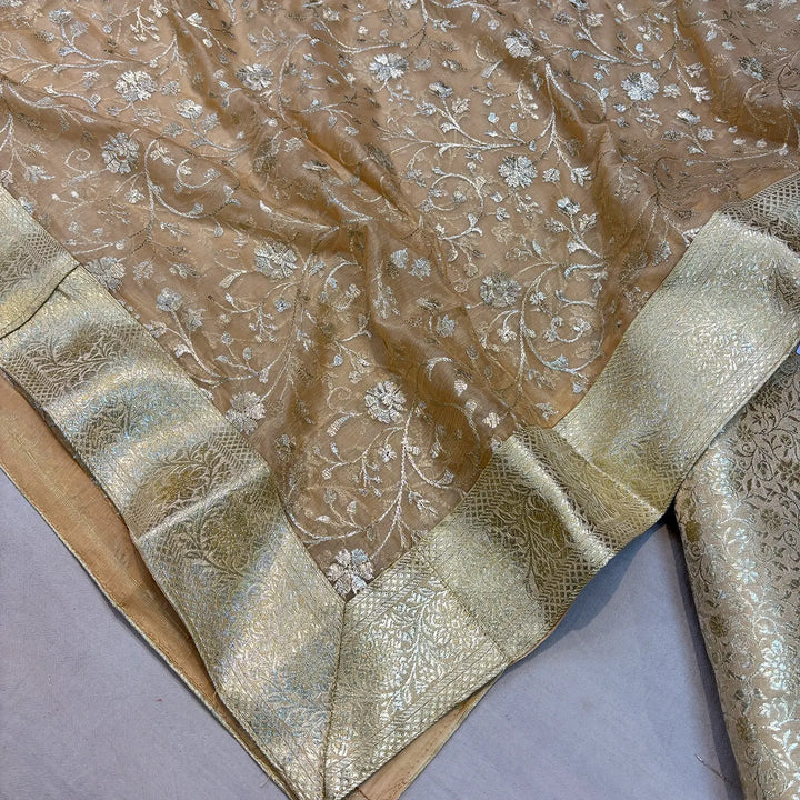 Beige Golden Zari Kimkhab Silk Banarasi Gharara