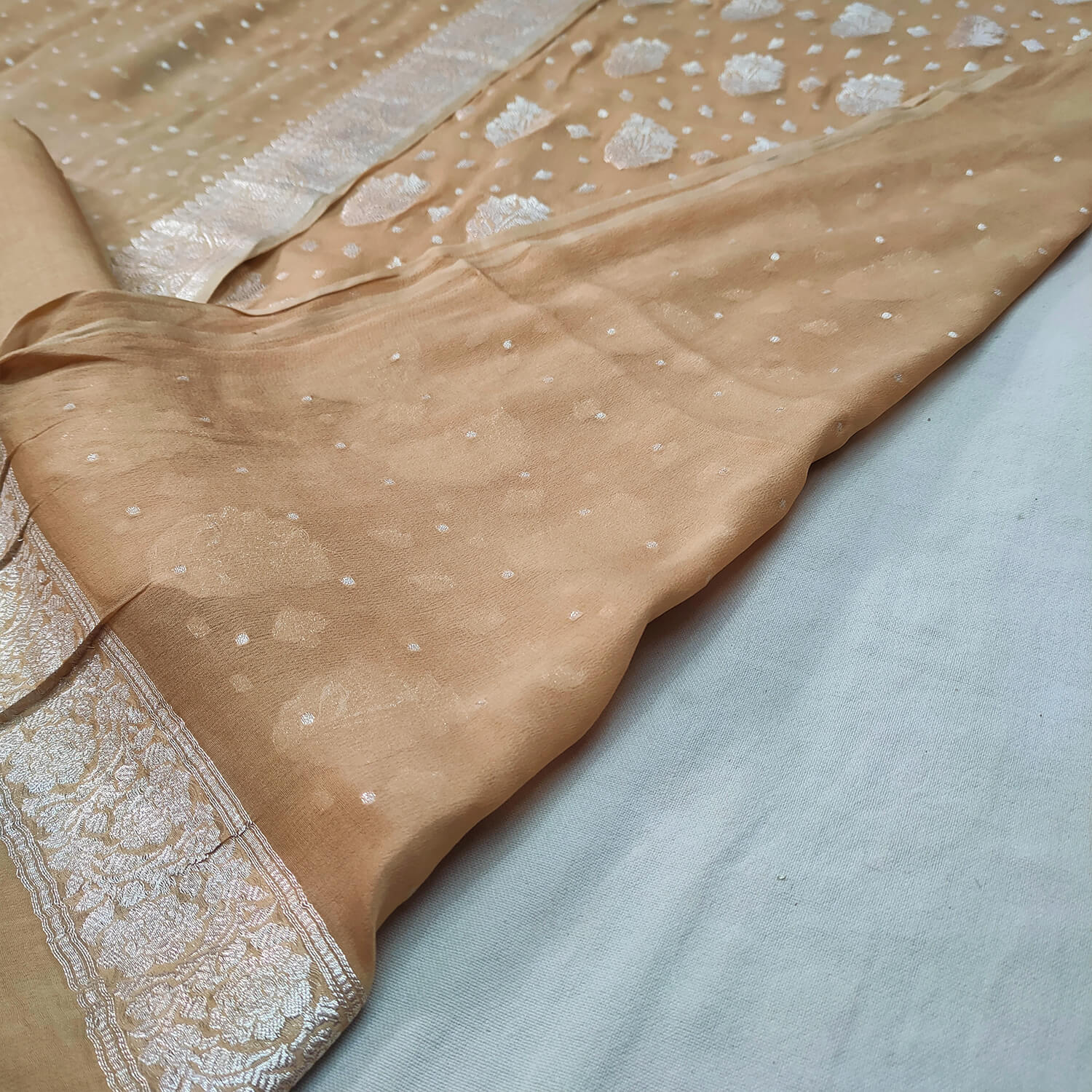 Beige Silver Zari Handloom Georgette Banarasi Suit