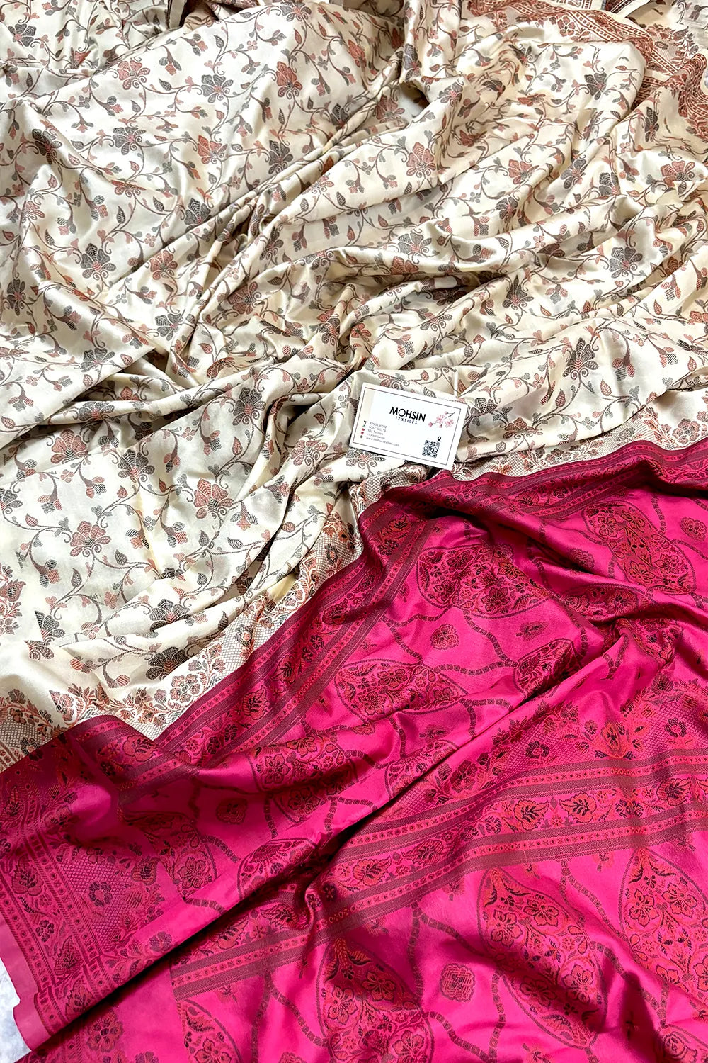 Beige and Pink Resham Silk Banarasi Saree