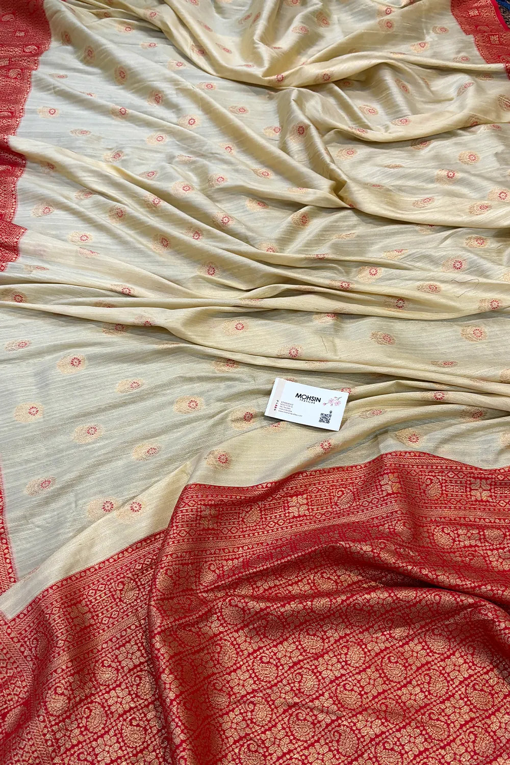 Beige and Red Golden Zari Linen Silk Banarasi Saree
