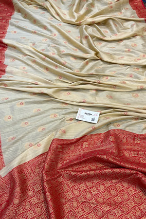 Beige and Red Golden Zari Linen Silk Banarasi Saree