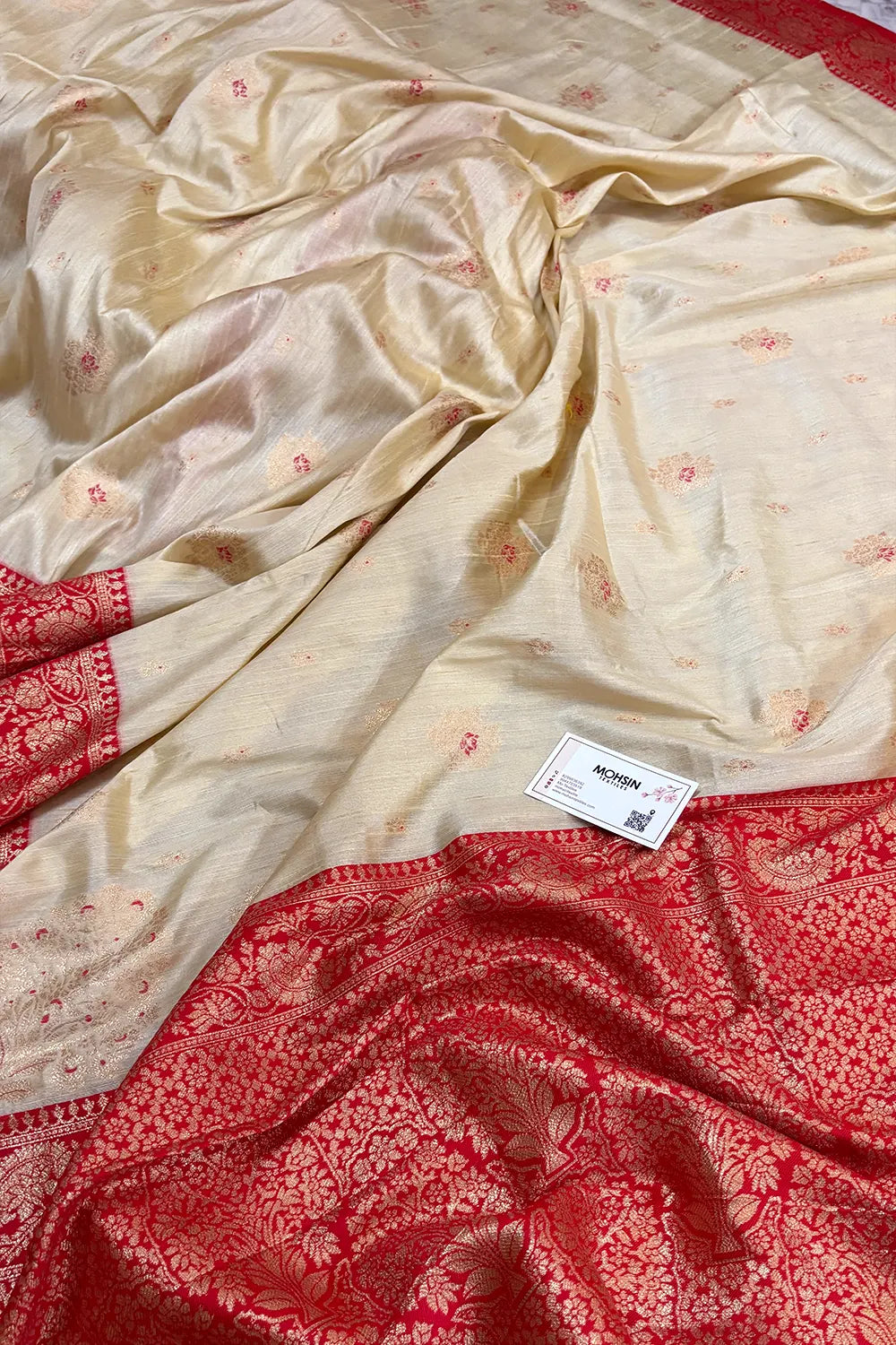 Beige and Red Golden Zari Linen Silk Banarasi Saree