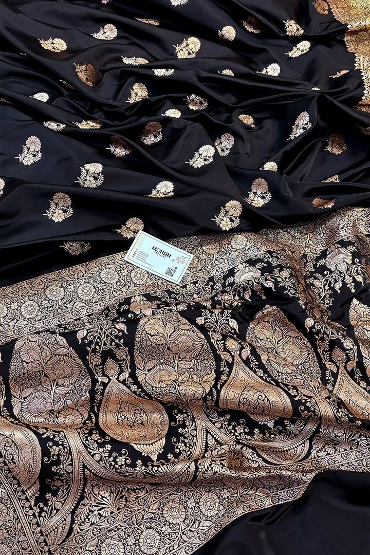 Black Golden Flower Katan Silk Banarasi Saree