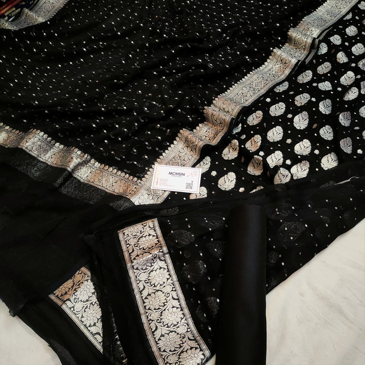 Black Silver Zari Handloom Georgette Banarasi Suit